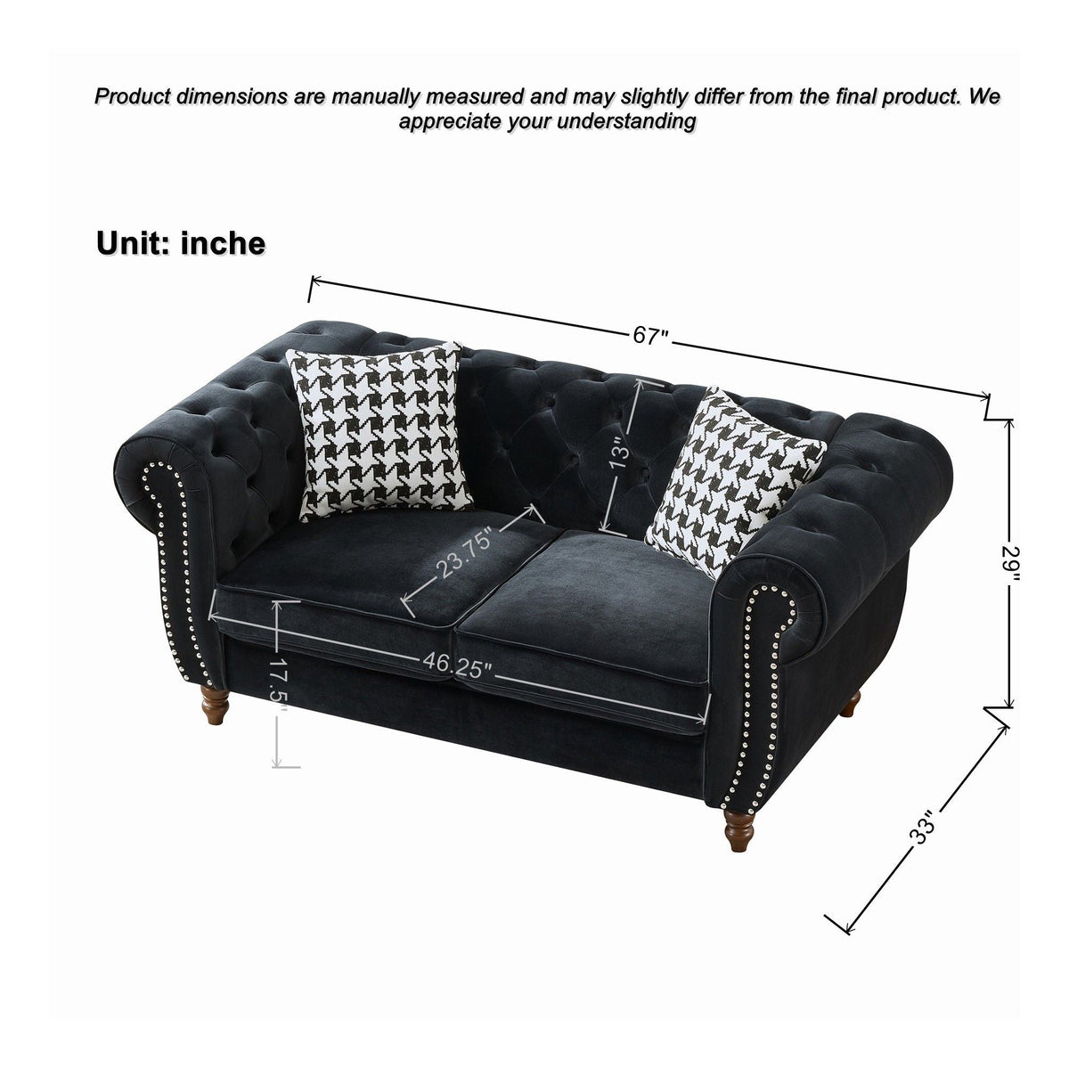 Chesterfield 3 & 2-Seater Upholstery Sofa with Roll Armrest & Nailhead Fabric Couch