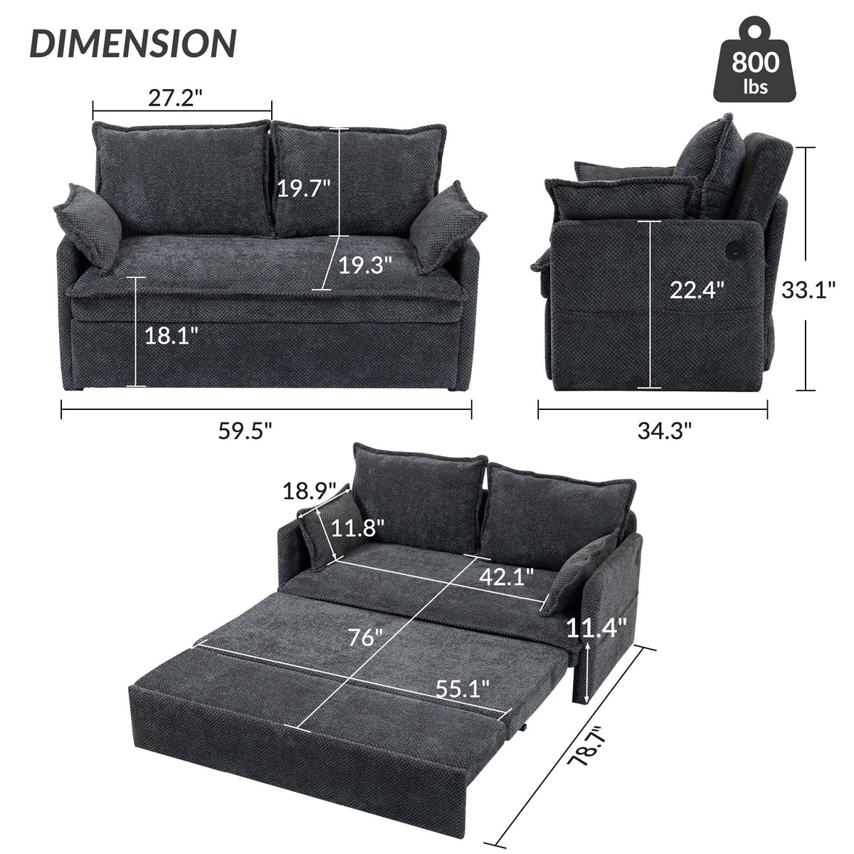 Pull Out Sofa Bed, Convertible Sleeper Sofa, Side Storage