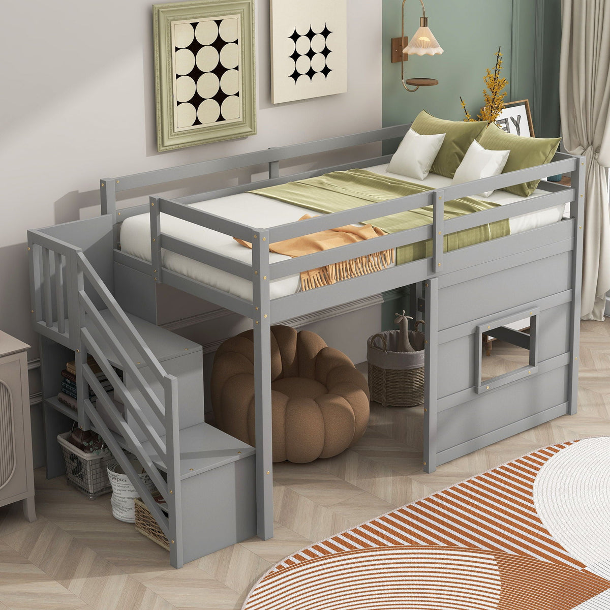 Loft Bed with Storage Staircase, Window & LED Light