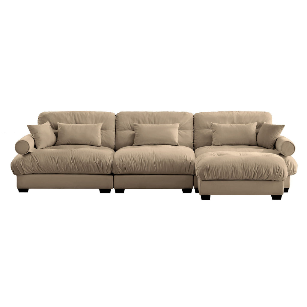 Modern Sectional Sofa with Ottoman, Round Bolster Armrests, Waist & Throw Pillows