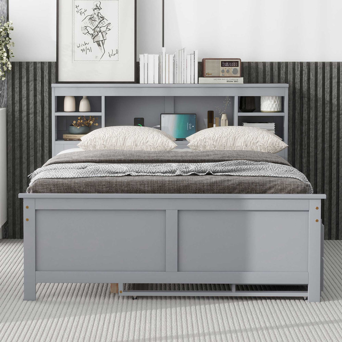 Platform Bed with Storage Headboard, USB, Trundle & 3 – Drawer