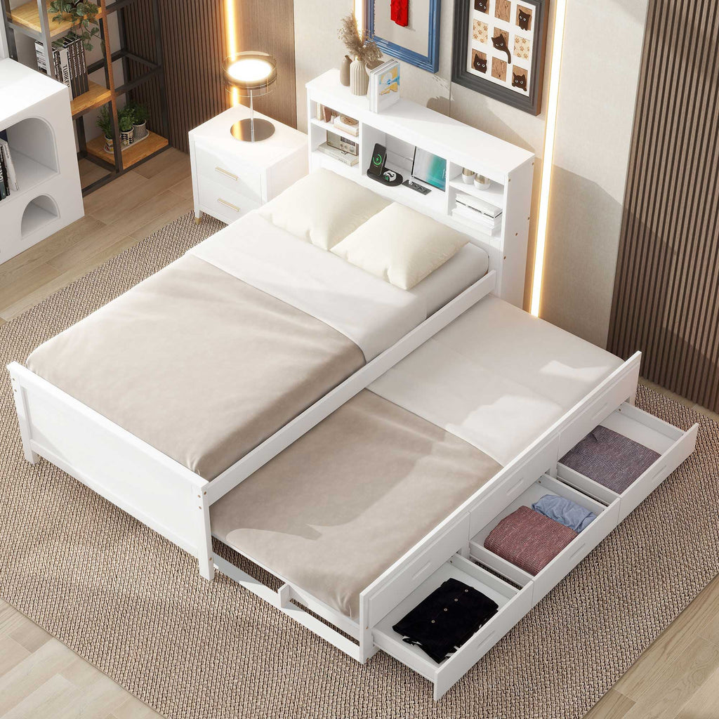 Platform Bed with Storage Headboard, USB, Trundle & 3 – Drawer