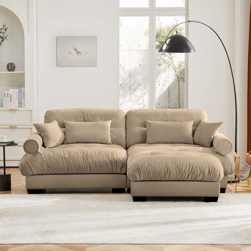 Modern Sectional Sofa with Ottoman, Round Bolster Armrests, Waist & Throw Pillows