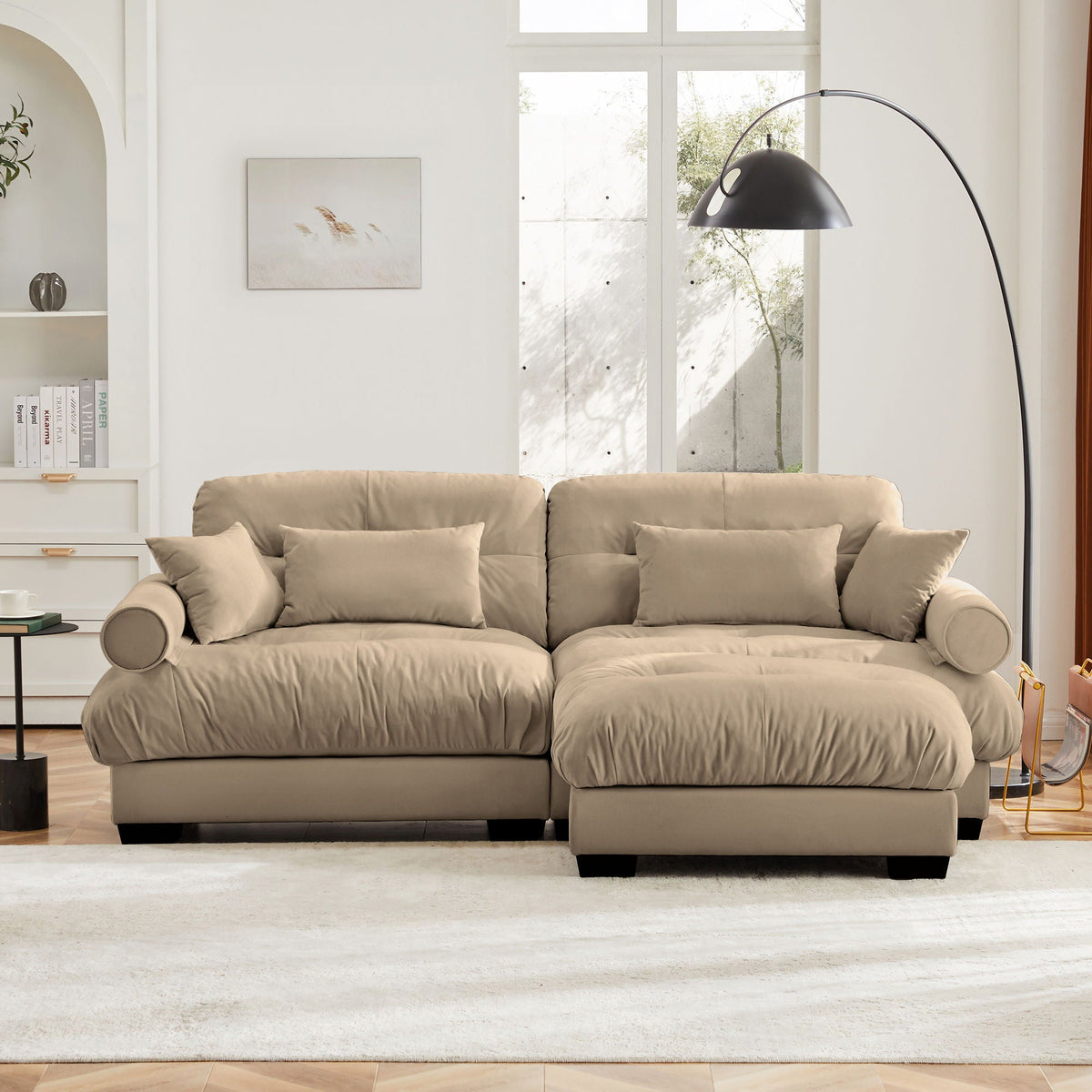 Modern Sectional Sofa with Ottoman, Round Bolster Armrests, Waist & Throw Pillows