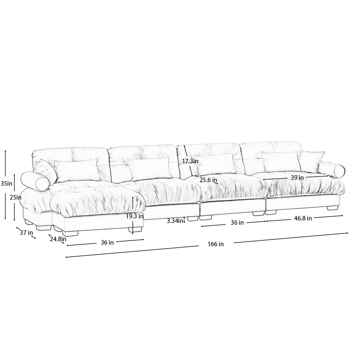 Modern Sectional Sofa with Ottoman, Round Bolster Armrests, Waist & Throw Pillows