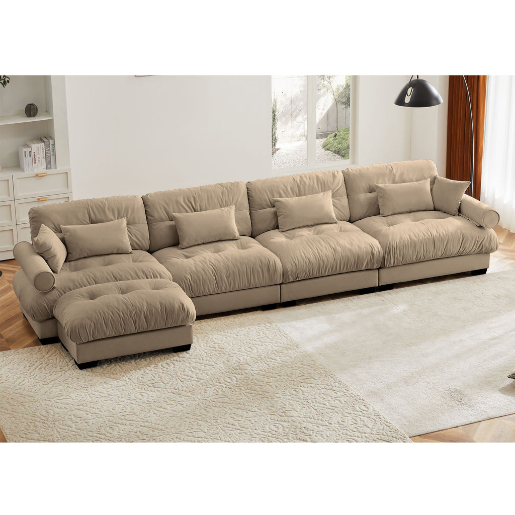 Modern Sectional Sofa with Ottoman, Round Bolster Armrests, Waist & Throw Pillows