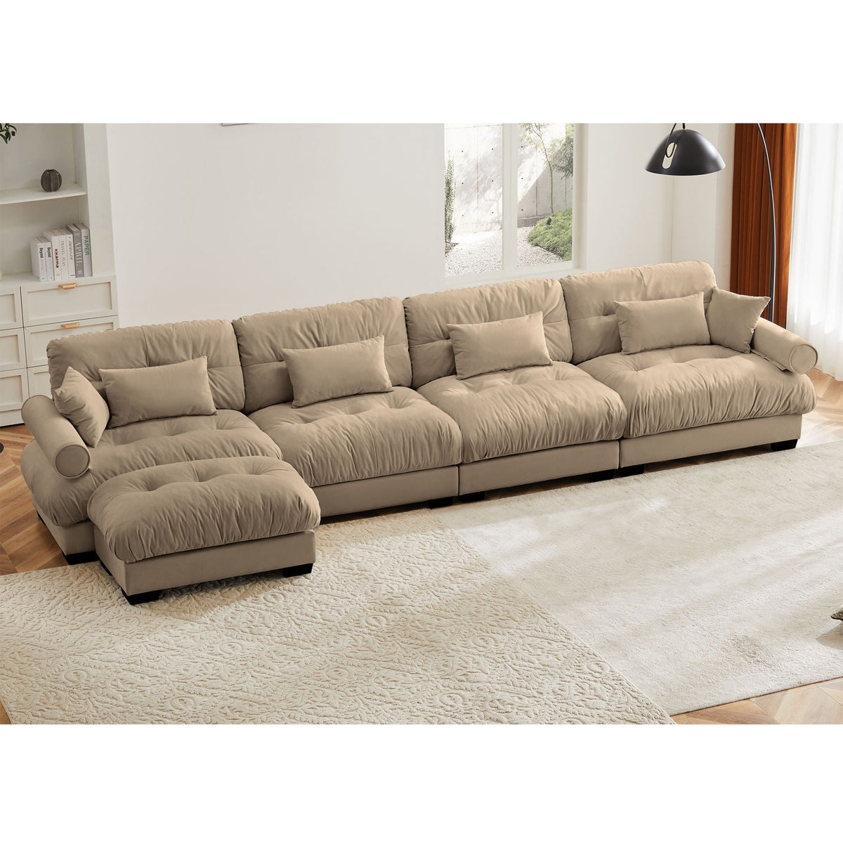 Modern Sectional Sofa with Ottoman, Round Bolster Armrests, Waist & Throw Pillows