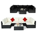 7-Piece Sectional Wicker Furniture Sofa Set with Tempered Glass Top – Red