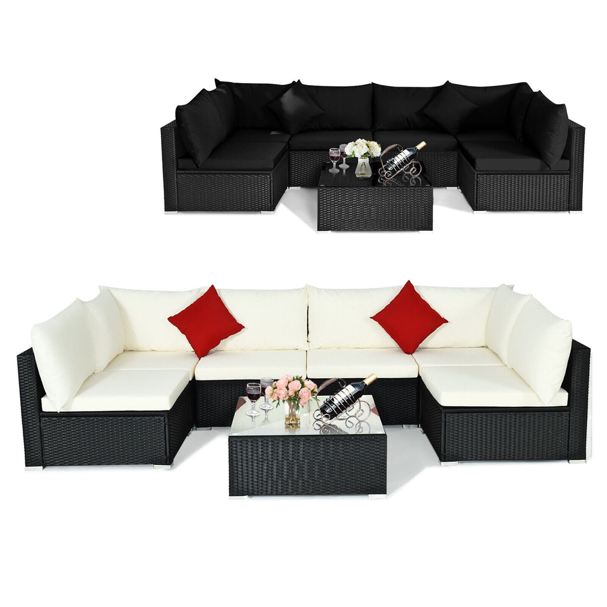 7-Piece Sectional Wicker Furniture Sofa Set with Tempered Glass Top – Red