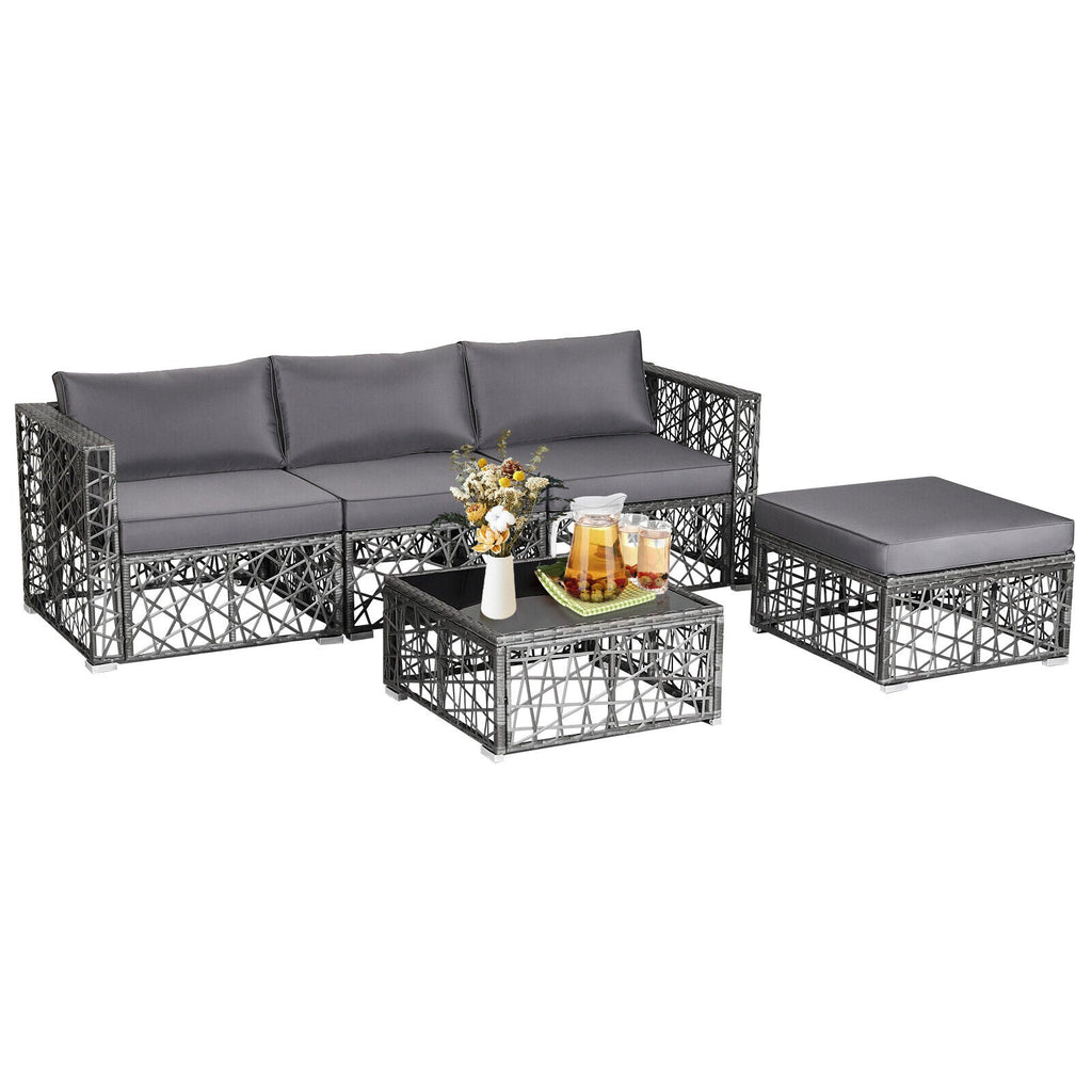 5-Piece Patio PE Rattan Wicker Sofa Furniture Set – Gray