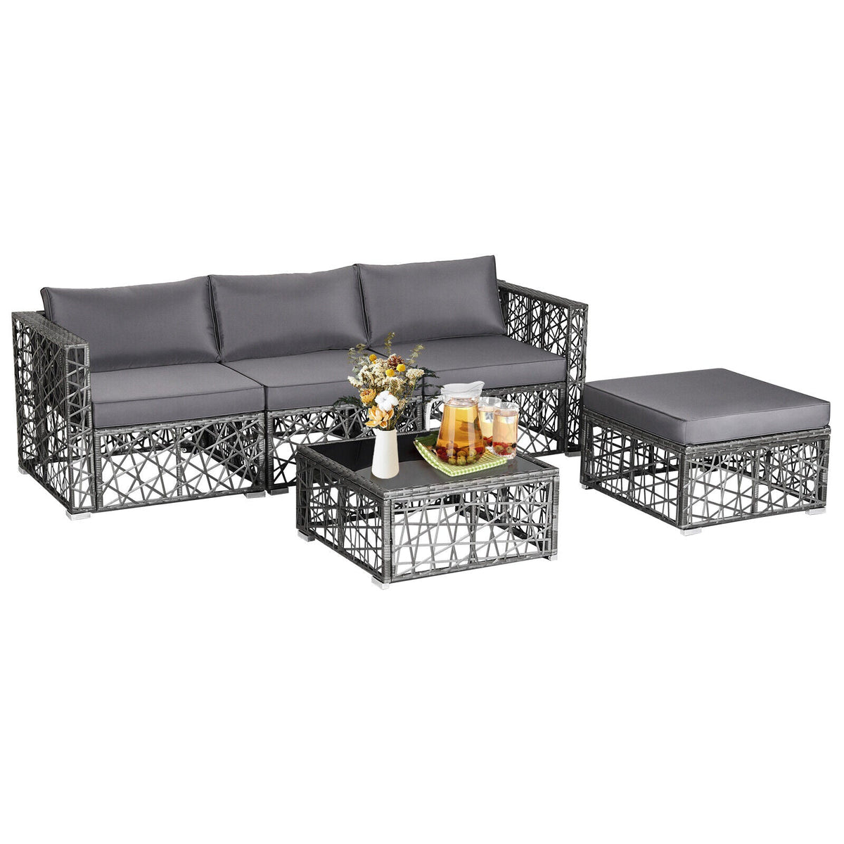 5-Piece Patio PE Rattan Wicker Sofa Furniture Set – Gray