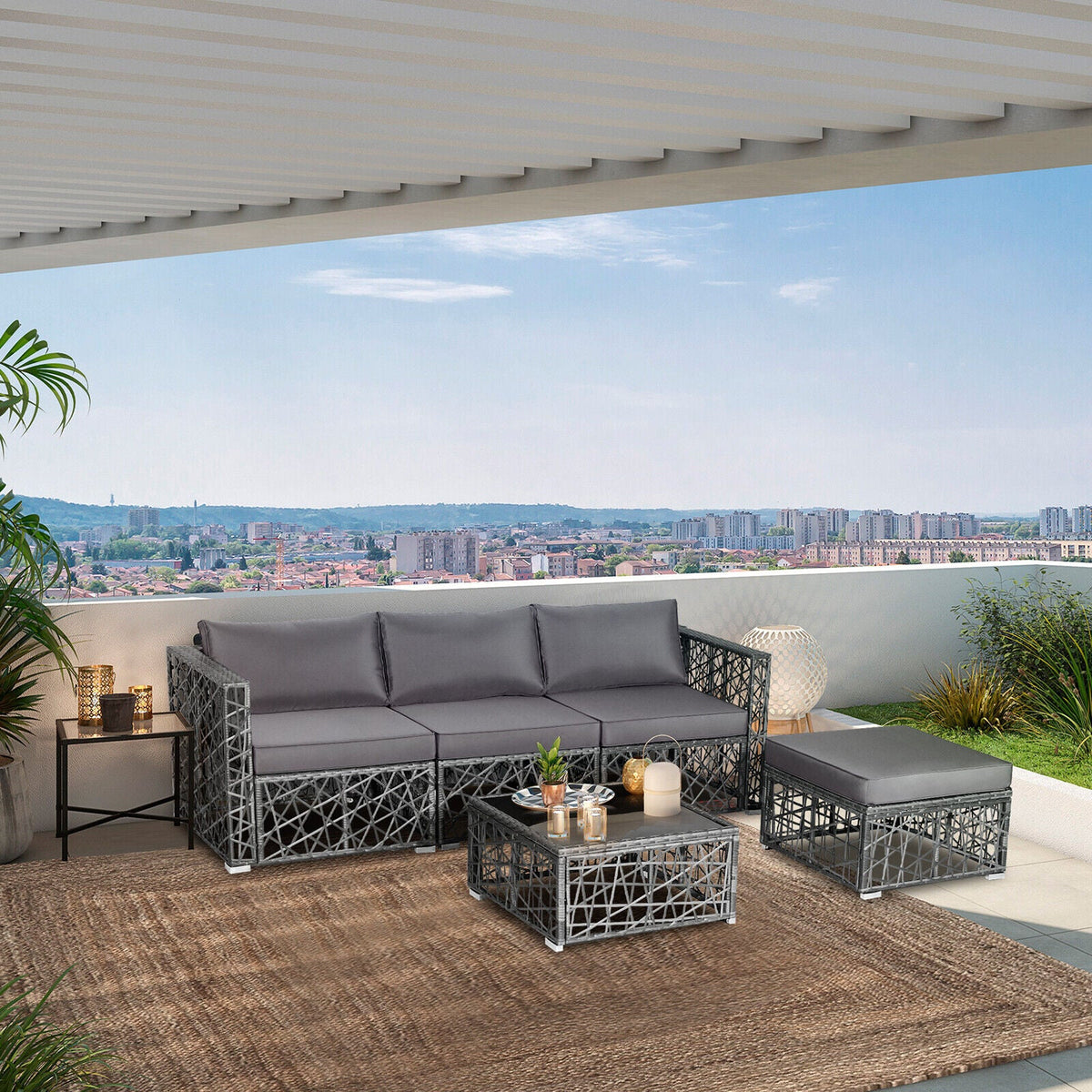 5-Piece Patio PE Rattan Wicker Sofa Furniture Set – Gray