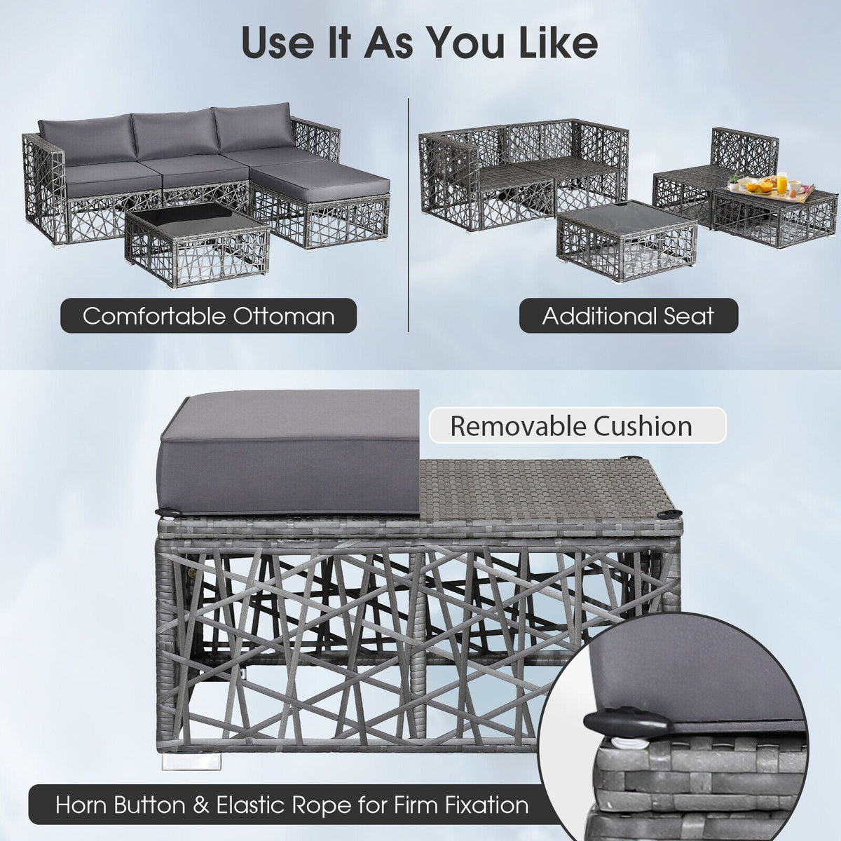 5-Piece Patio PE Rattan Wicker Sofa Furniture Set – Gray