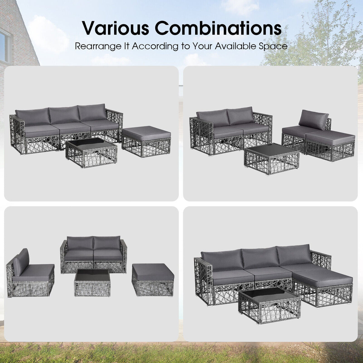 5-Piece Patio PE Rattan Wicker Sofa Furniture Set – Gray