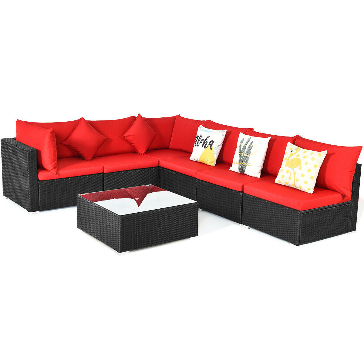 7-Piece Sectional Wicker Furniture Sofa Set with Tempered Glass Top – Red