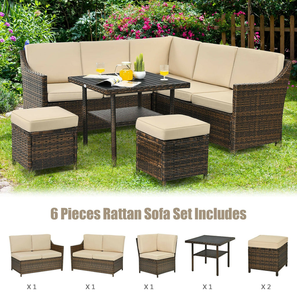 6-Piece Patio Rattan Dining Sofa Furniture Set