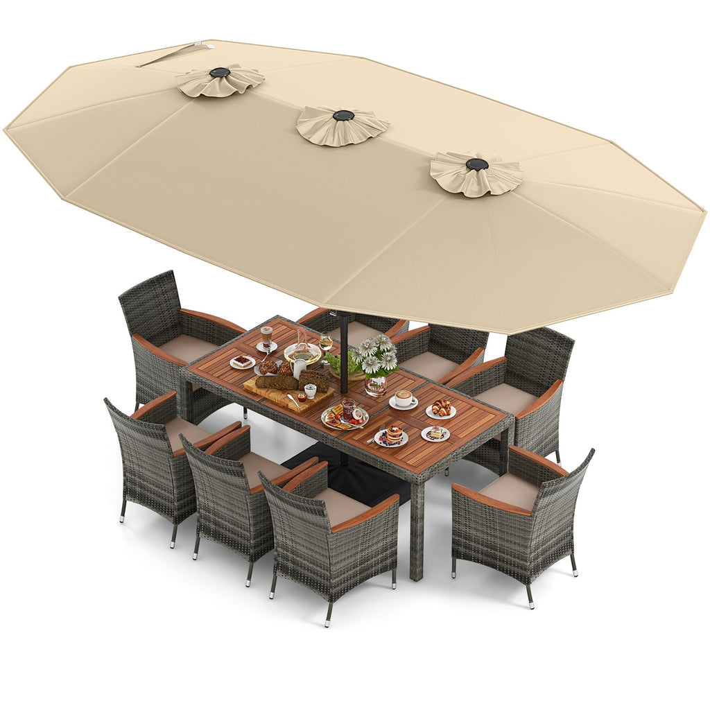 10-Piece Patio Wicker Dining Set with 15-Foot Double-Sided Patio Umbrella