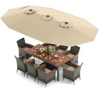 10-Piece Patio Wicker Dining Set with 15-Foot Double-Sided Patio Umbrella