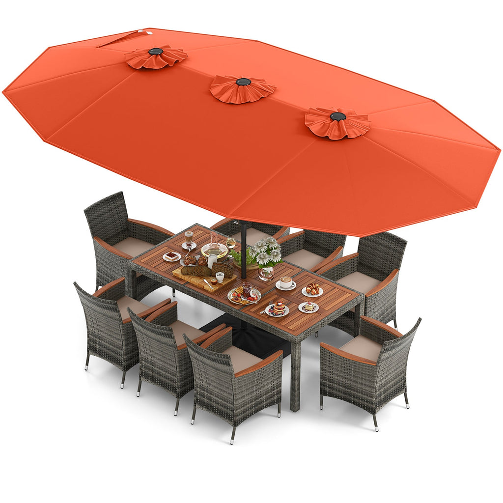 10-Piece Patio Wicker Dining Set with 15-Foot Double-Sided Patio Umbrella