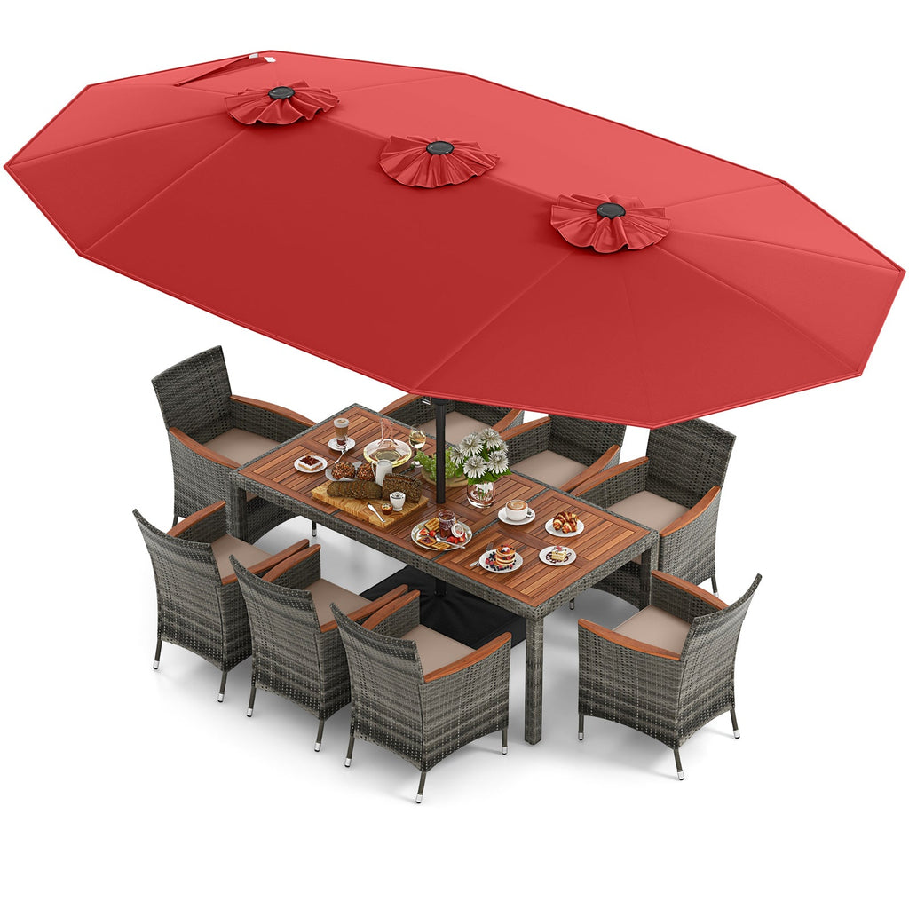 10-Piece Patio Wicker Dining Set with 15-Foot Double-Sided Patio Umbrella