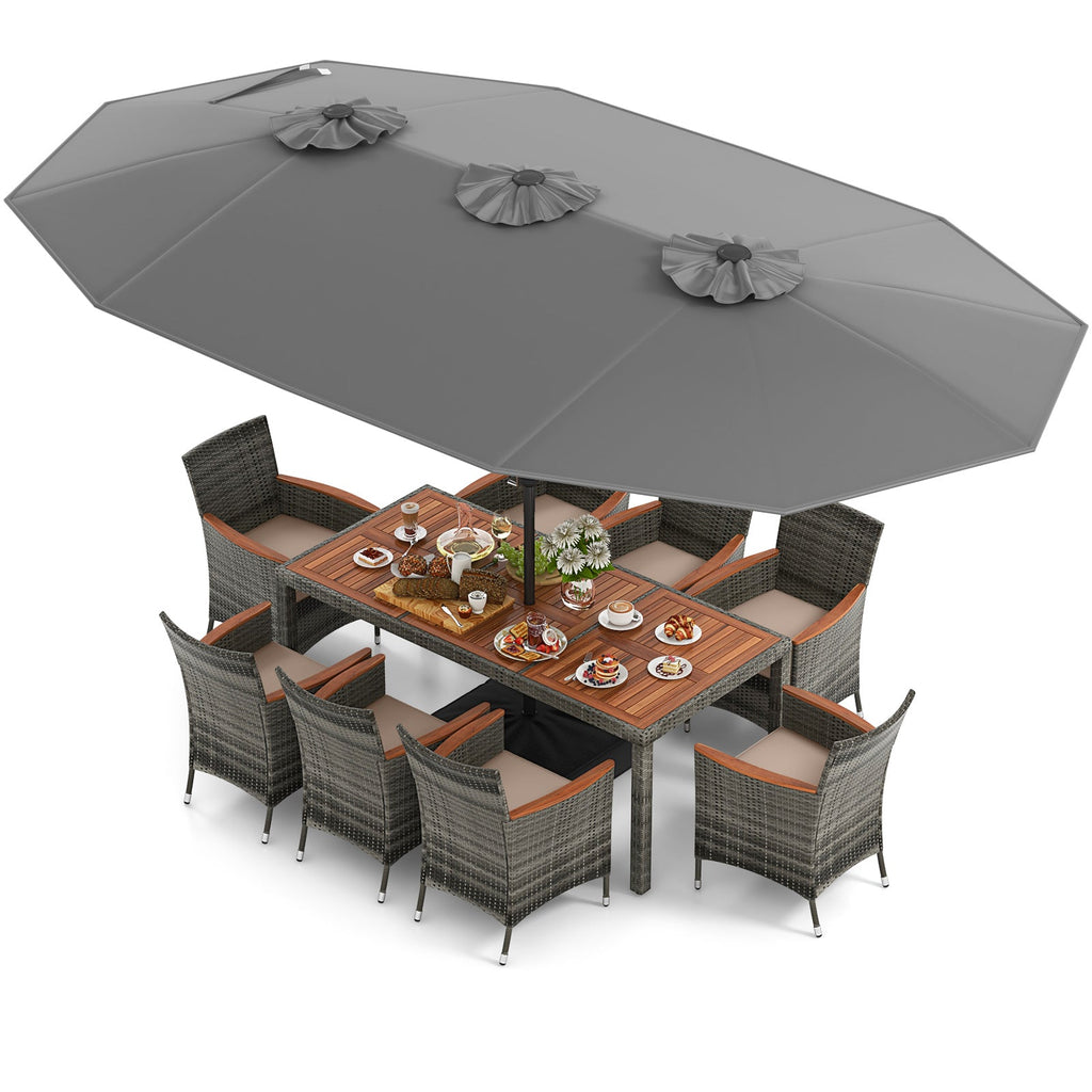 10-Piece Patio Wicker Dining Set with 15-Foot Double-Sided Patio Umbrella