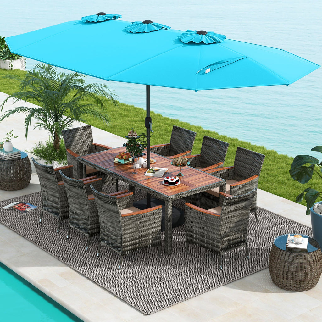 10-Piece Patio Wicker Dining Set with 15-Foot Double-Sided Patio Umbrella