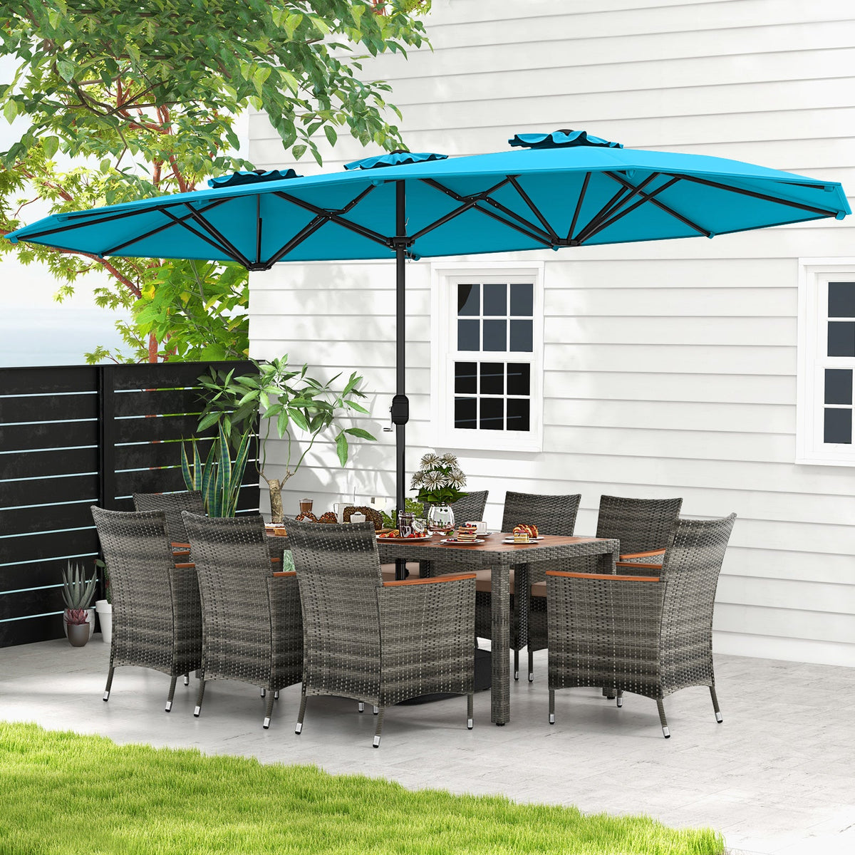 10-Piece Patio Wicker Dining Set with 15-Foot Double-Sided Patio Umbrella