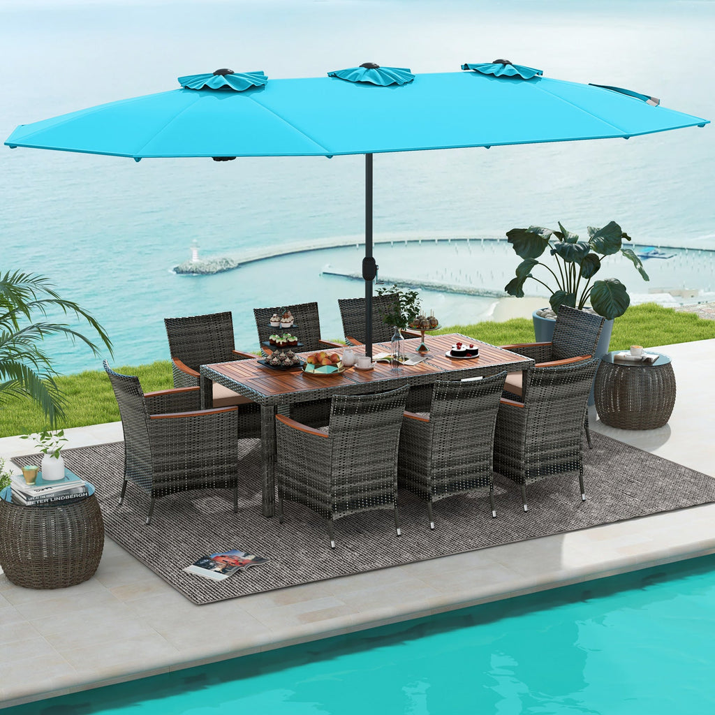 10-Piece Patio Wicker Dining Set with 15-Foot Double-Sided Patio Umbrella