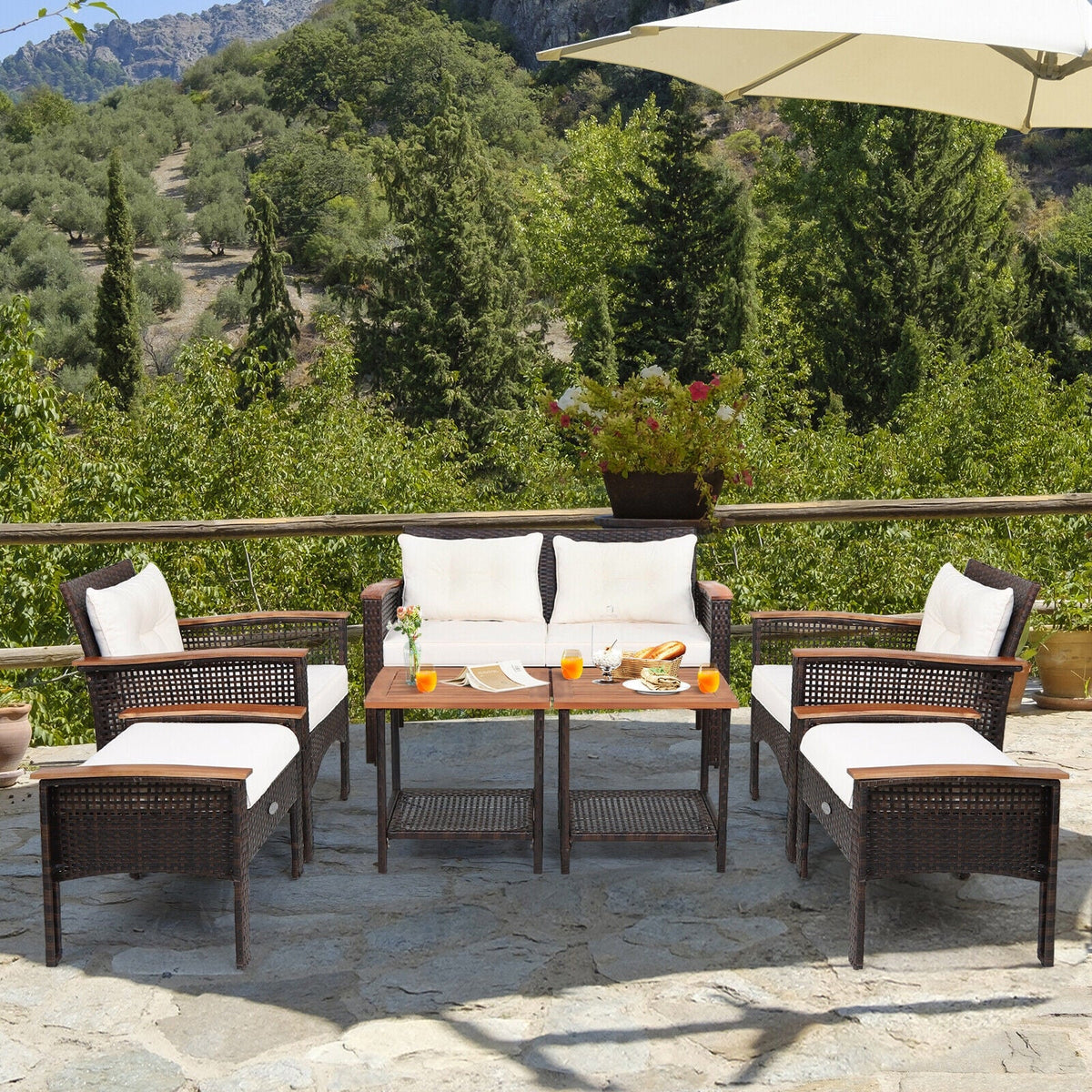 7-Piece Patio Rattan Cushioned Conversation Furniture Set