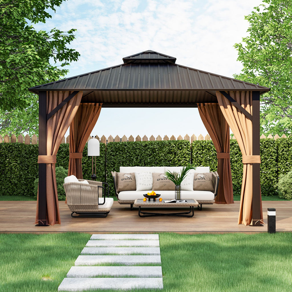 12 x 12-Foot Double-Roof Patio Hardtop Gazebo with Galvanized Steel Roof Netting and Curtains – Coffee