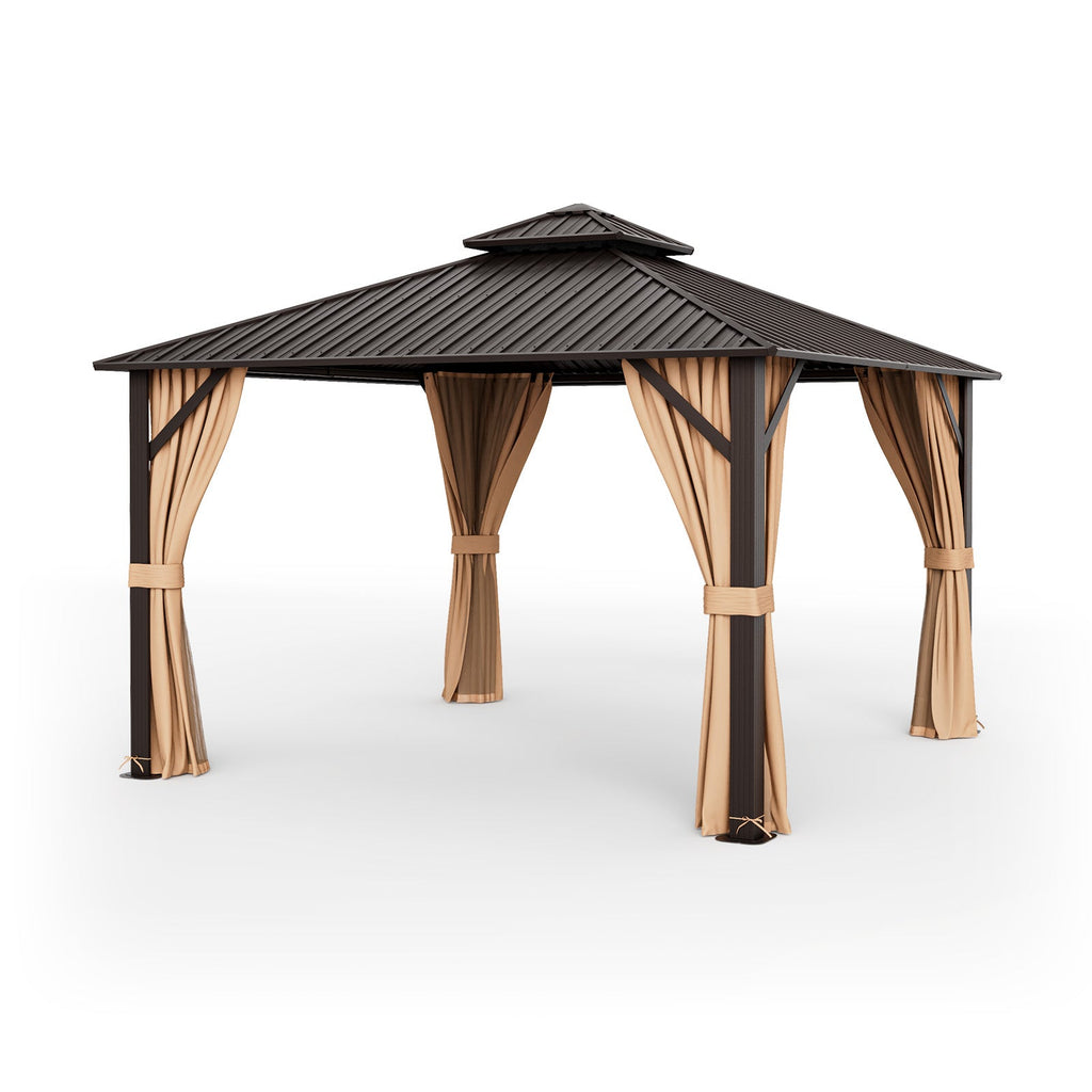 12 x 12-Foot Double-Roof Patio Hardtop Gazebo with Galvanized Steel Roof Netting and Curtains – Coffee