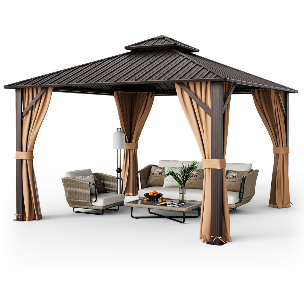 12 x 12-Foot Double-Roof Patio Hardtop Gazebo with Galvanized Steel Roof Netting and Curtains – Coffee