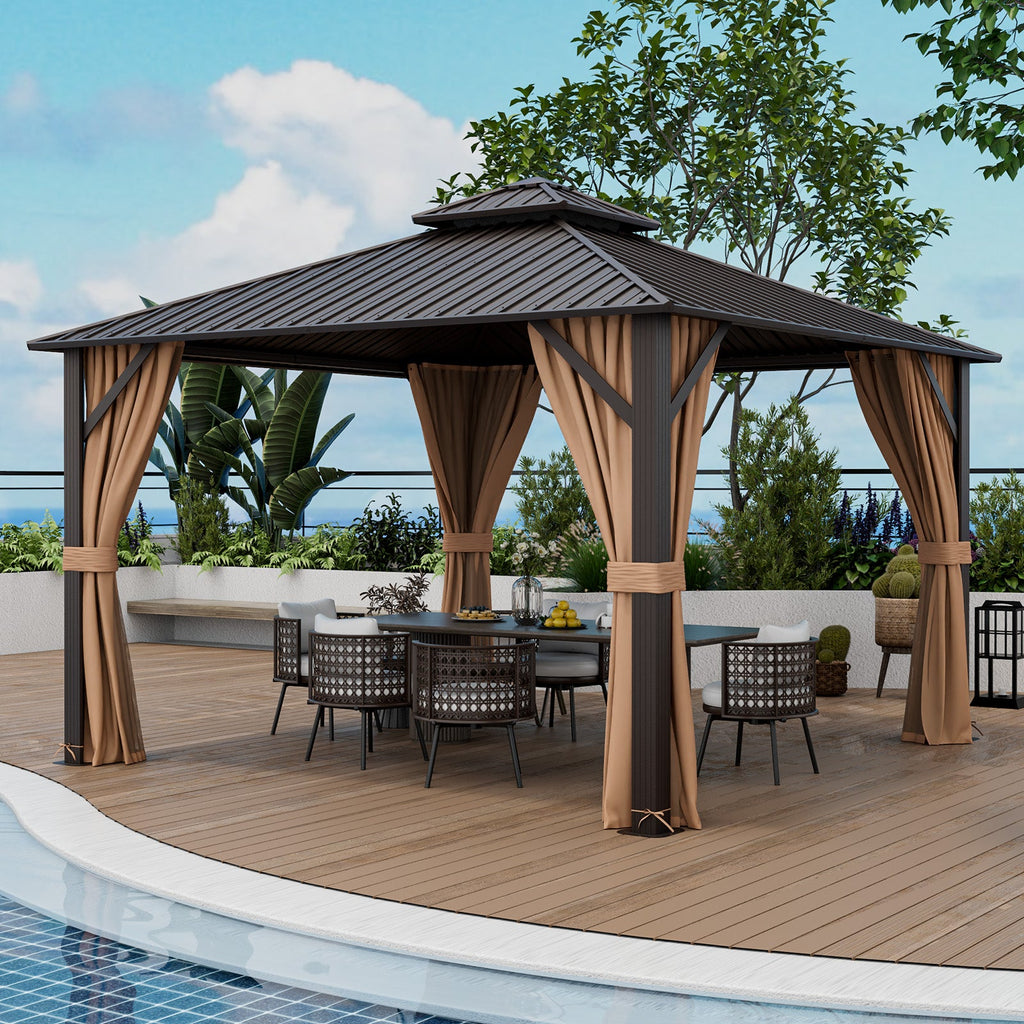 12 x 12-Foot Double-Roof Patio Hardtop Gazebo with Galvanized Steel Roof Netting and Curtains – Coffee