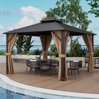 12 x 12-Foot Double-Roof Patio Hardtop Gazebo with Galvanized Steel Roof Netting and Curtains – Coffee