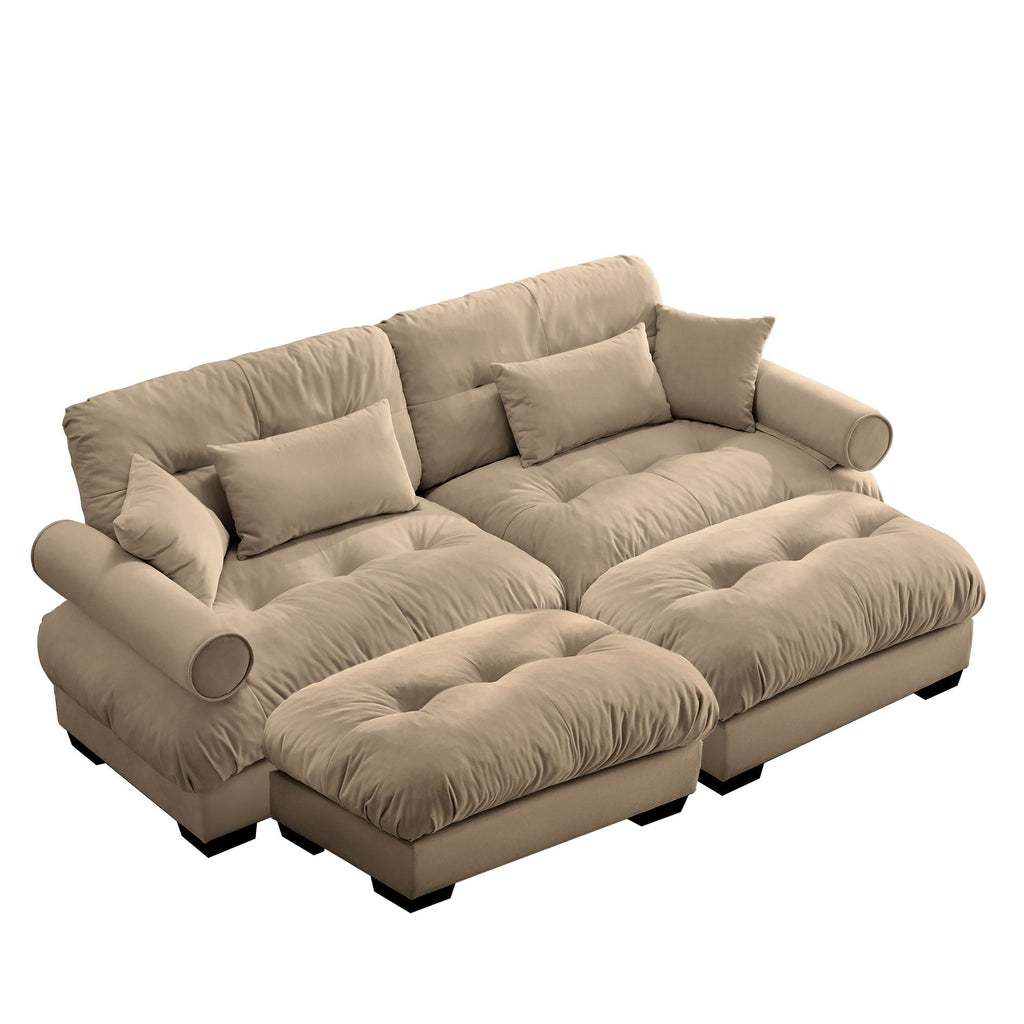 Modern Sectional Sofa with Ottoman, Round Bolster Armrests, Waist & Throw Pillows