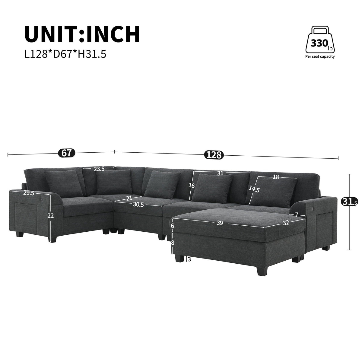 U Shaped Sectional Sofa 6 Seat Couch Set with Oversized Ottoman