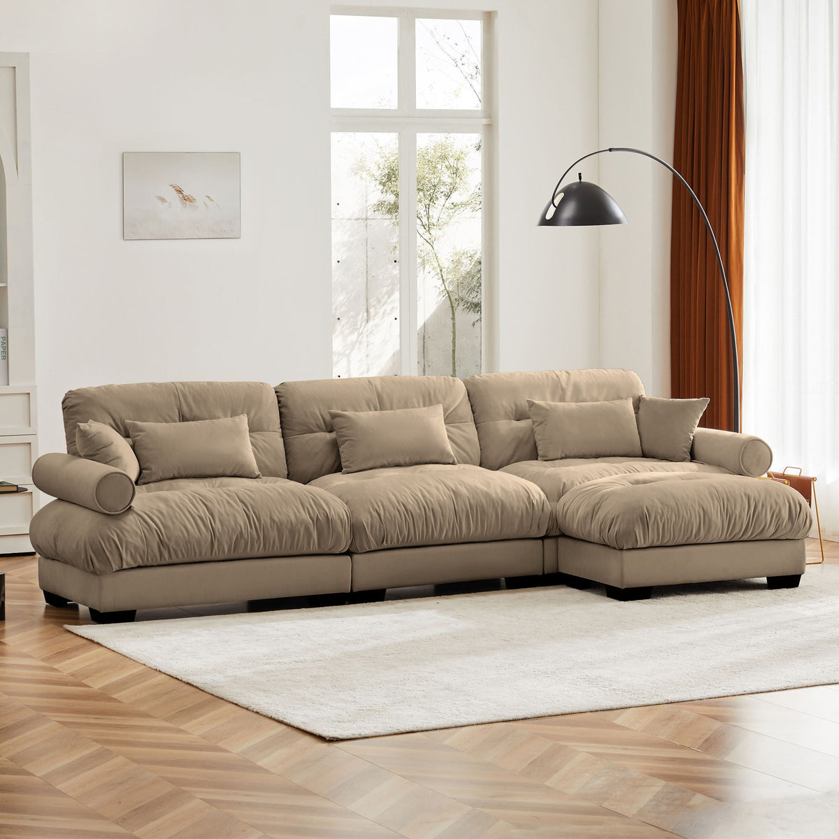 Modern Sectional Sofa with Ottoman, Round Bolster Armrests, Waist & Throw Pillows