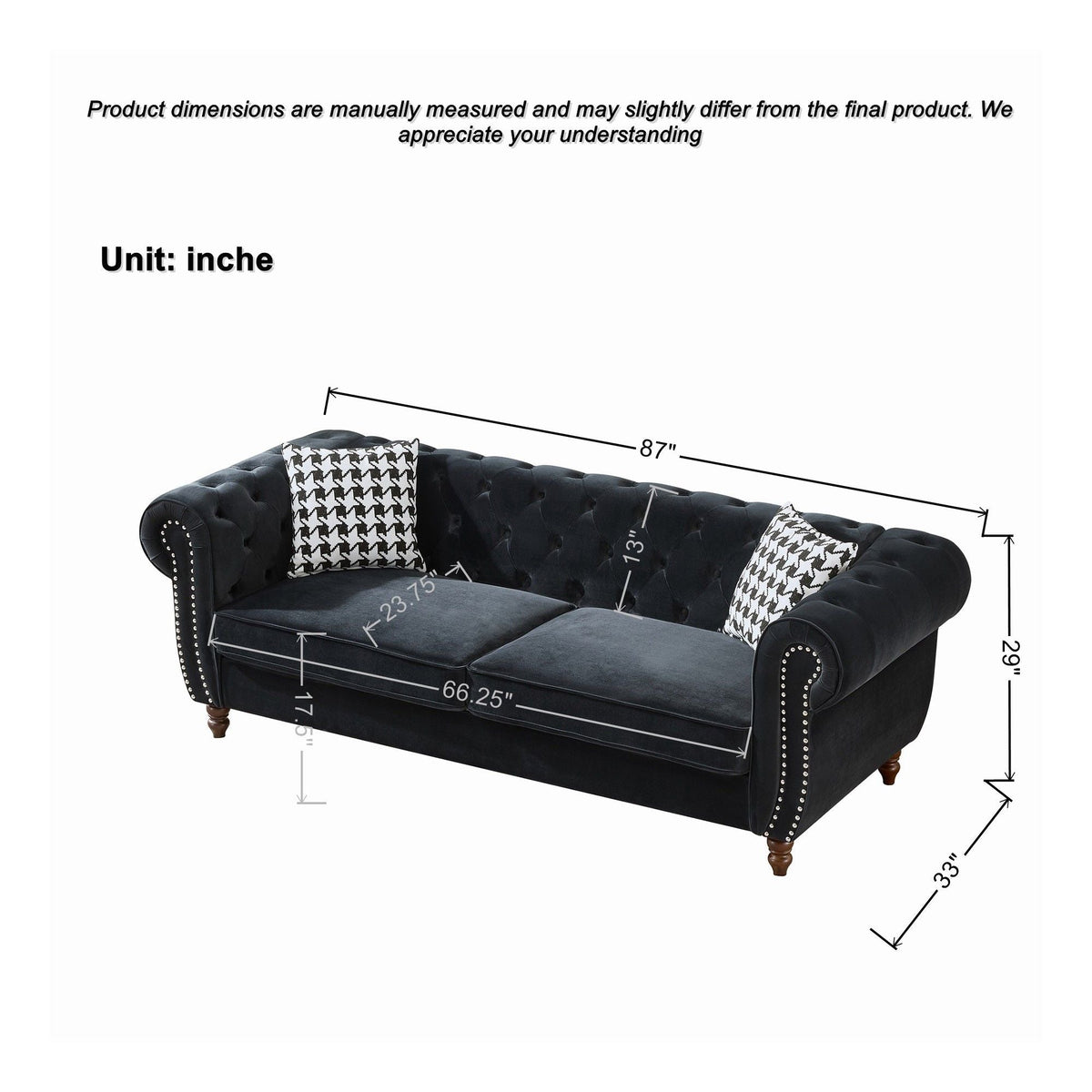 Chesterfield 3 & 2-Seater Upholstery Sofa with Roll Armrest & Nailhead Fabric Couch