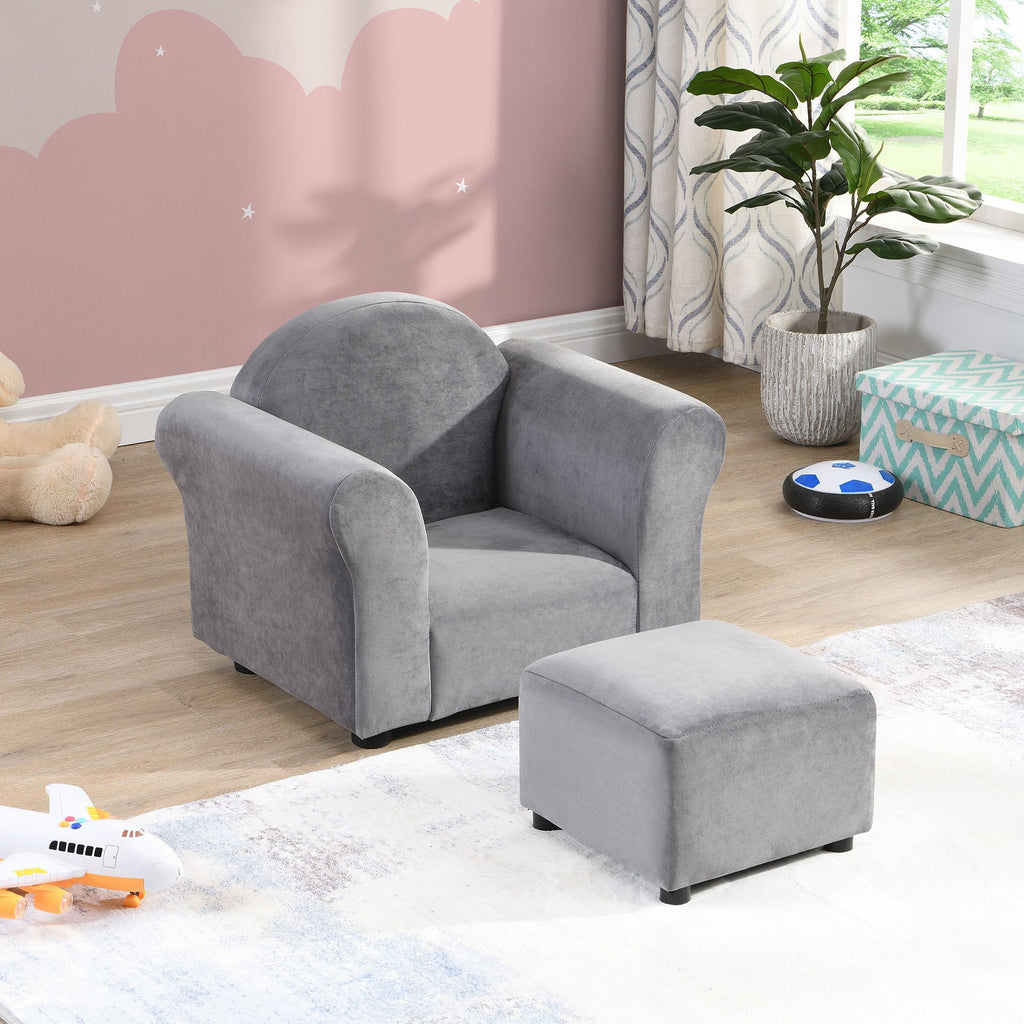 Kids Recliner Chair, Kids Upholstered Couch with Ottoman – Dark Gray
