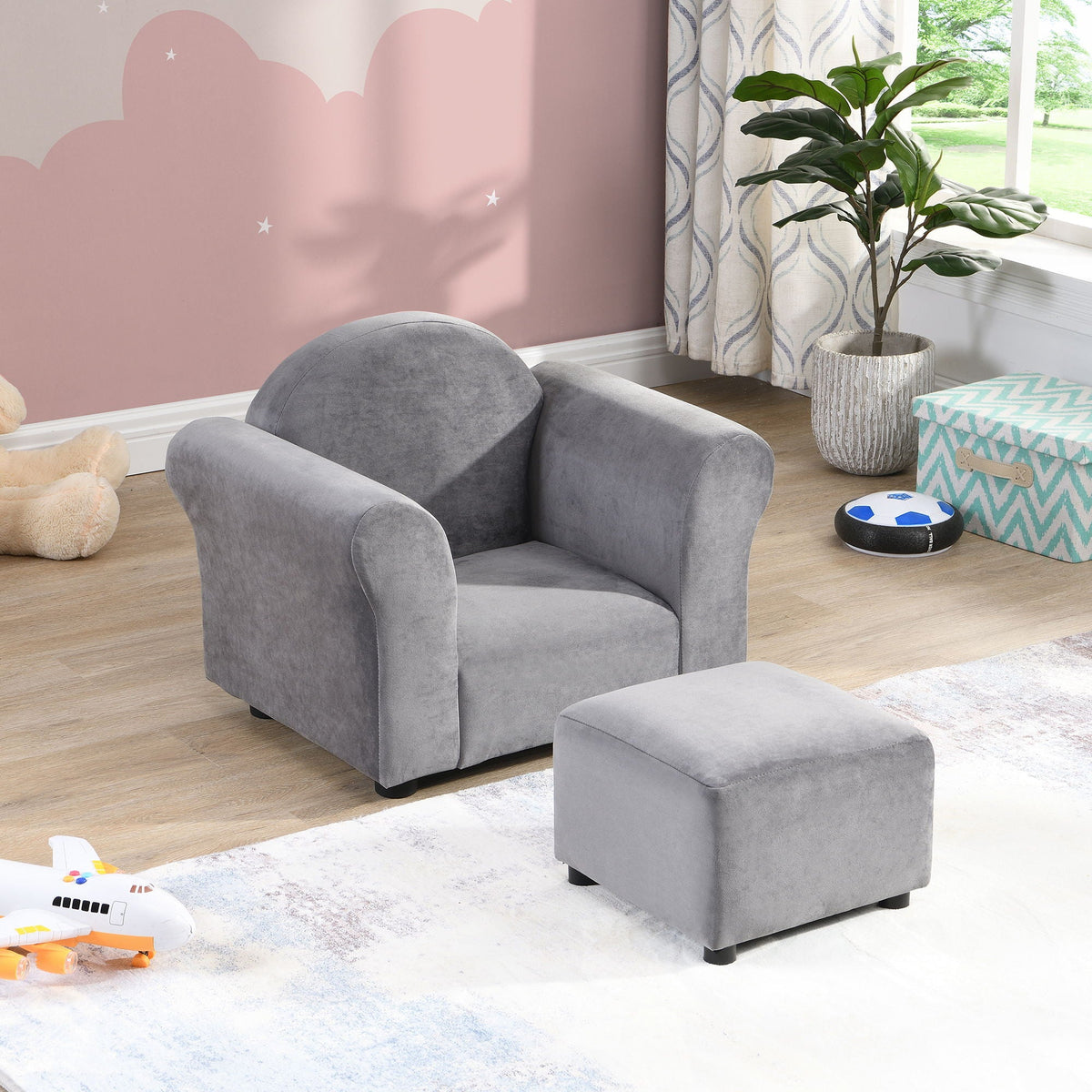 Kids Recliner Chair, Kids Upholstered Couch with Ottoman – Dark Gray