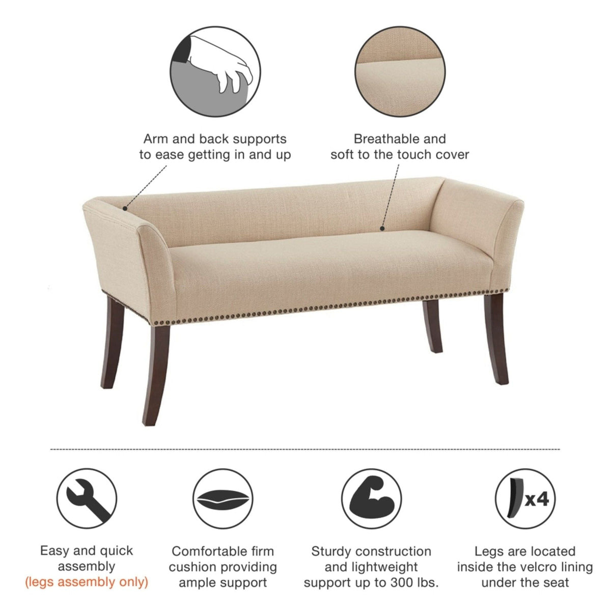 Elegant Design Bench Upholstery, Solid Wood Frame