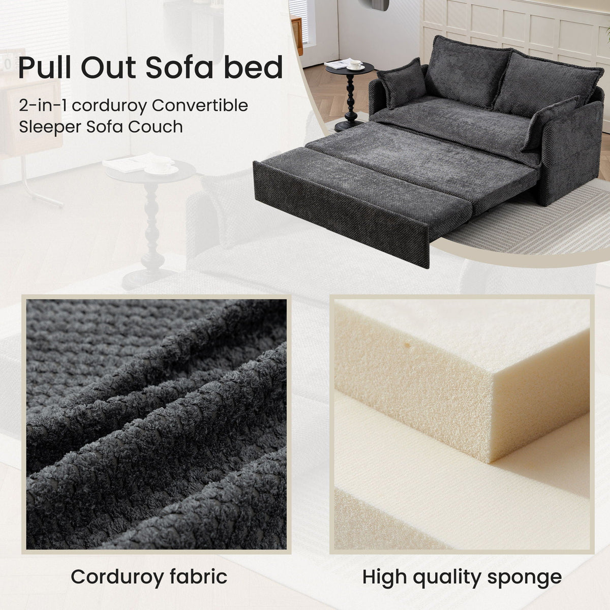 Pull Out Sofa Bed, Convertible Sleeper Sofa, Side Storage