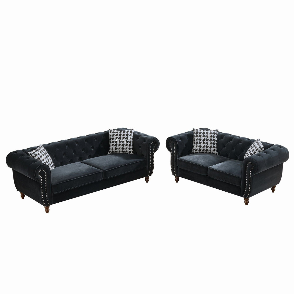 Chesterfield 3 & 2-Seater Upholstery Sofa with Roll Armrest & Nailhead Fabric Couch