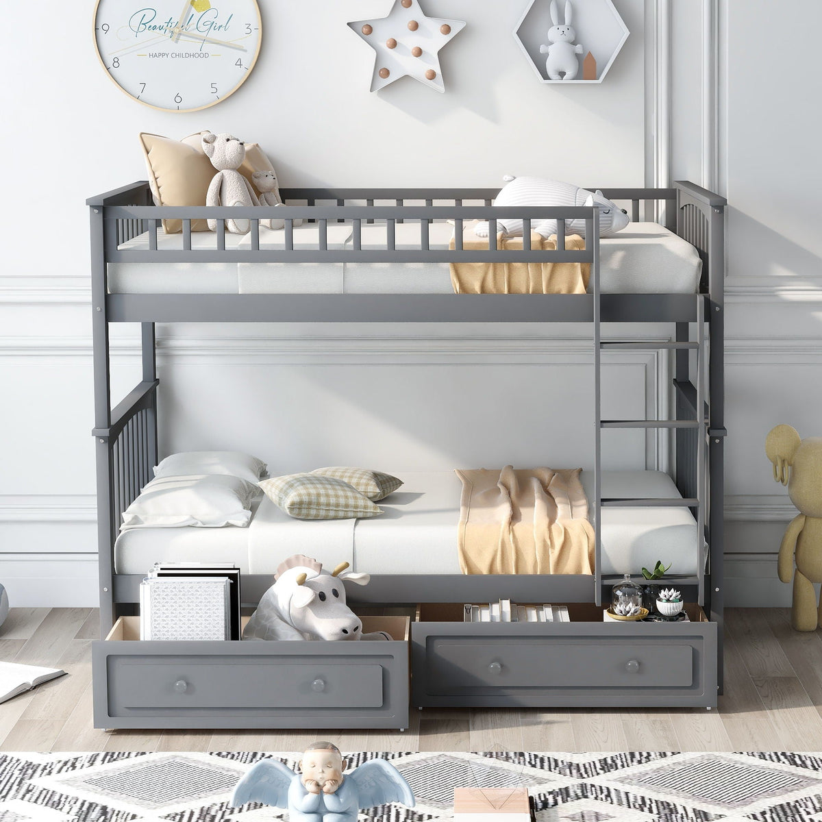 Mystrene - Twin Over Twin Bunk Bed with Drawers, Convertible Beds