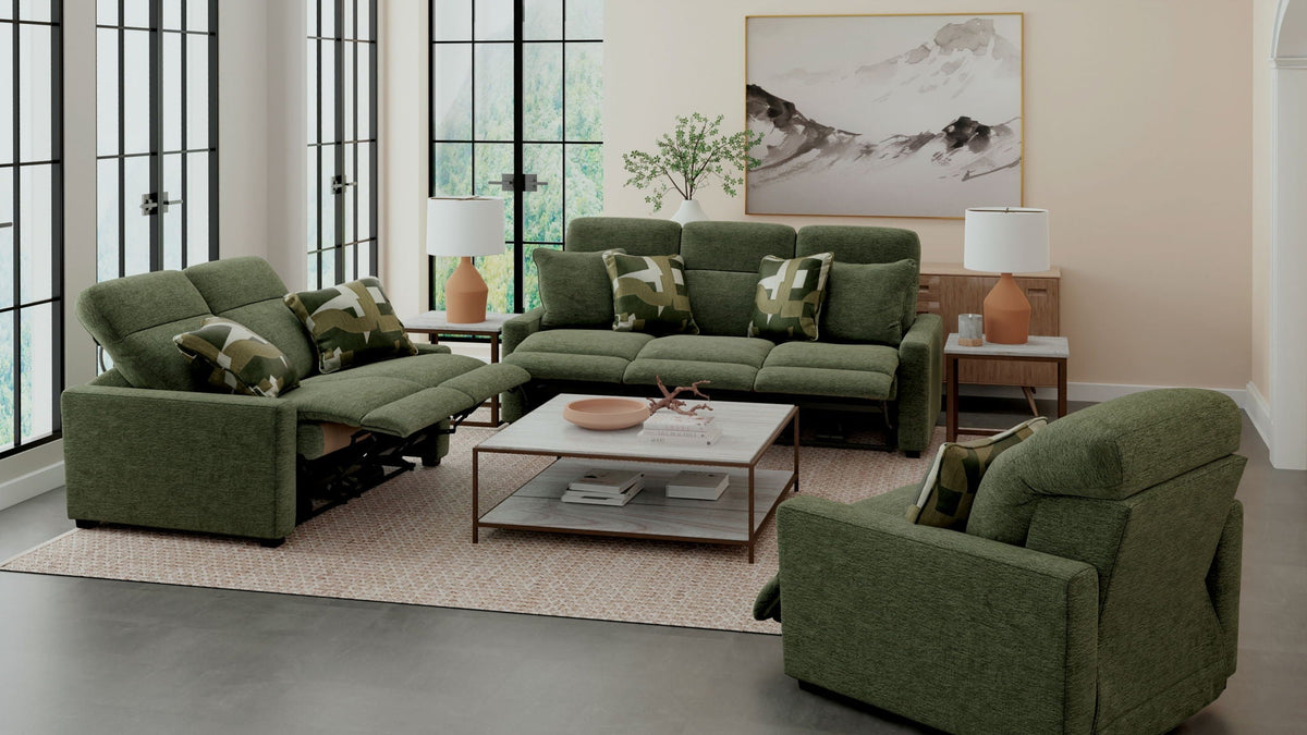 Ada Power Adjustable Headrest Power Sofa with 3 Recliners – Moss