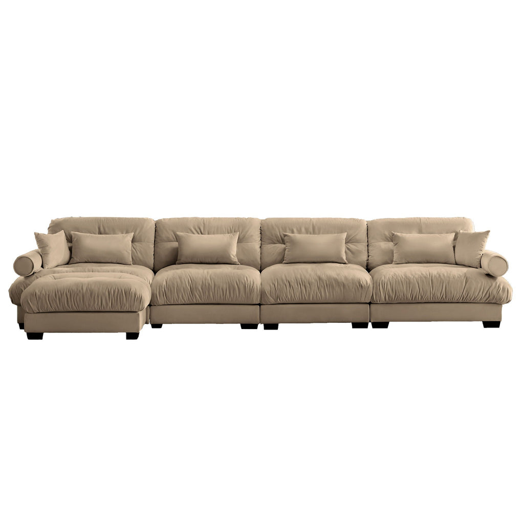 Modern Sectional Sofa with Ottoman, Round Bolster Armrests, Waist & Throw Pillows