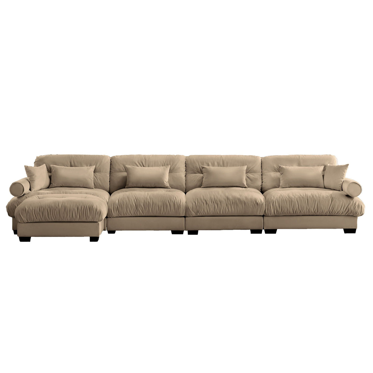 Modern Sectional Sofa with Ottoman, Round Bolster Armrests, Waist & Throw Pillows