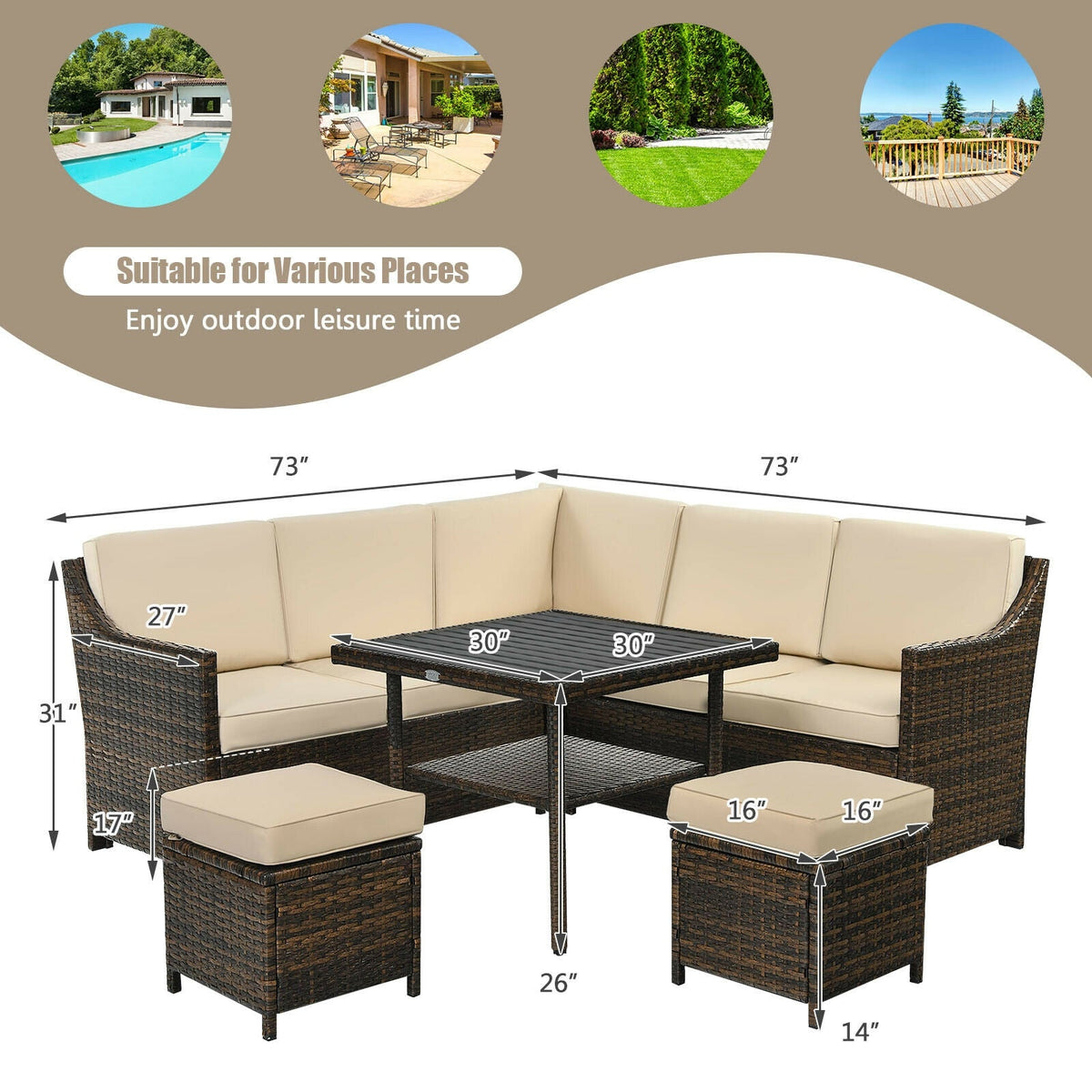 6-Piece Patio Rattan Dining Sofa Furniture Set