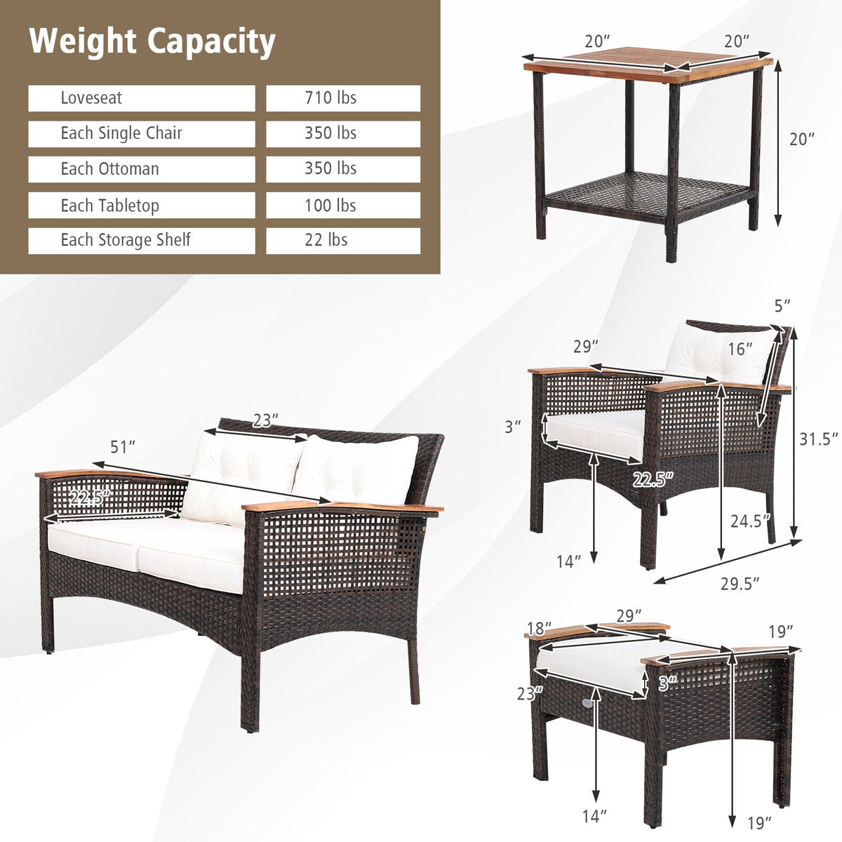 7-Piece Patio Rattan Cushioned Conversation Furniture Set