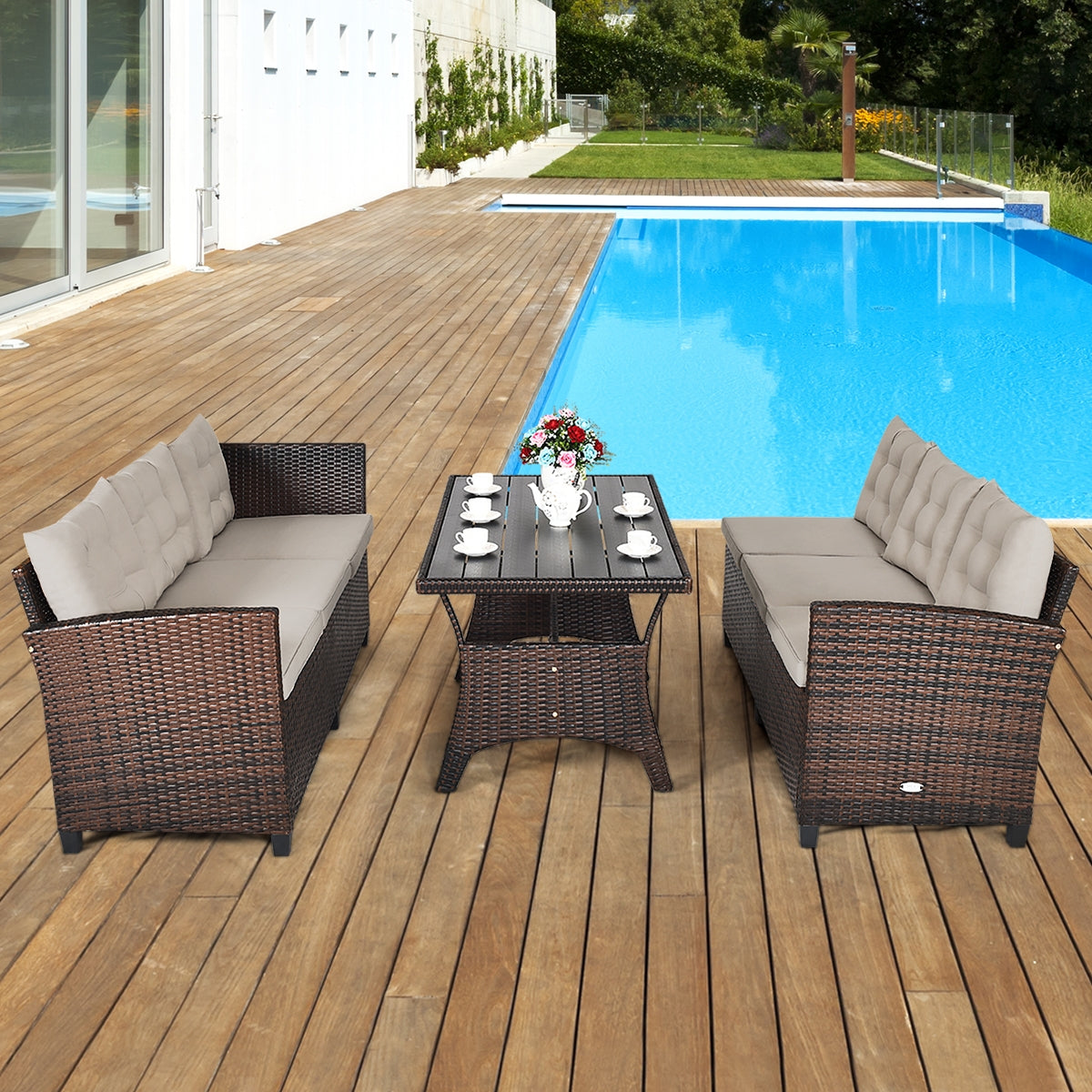 3-Piece Hand-Woven Rattan Outdoor Sofa Set with Dining Table
